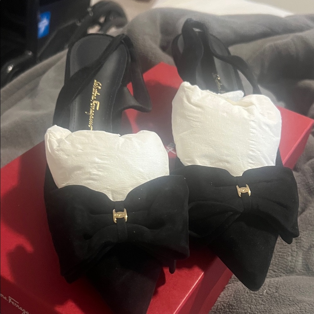 Salvatore Ferragamo Black Suede Heels with Gold Bow Detail